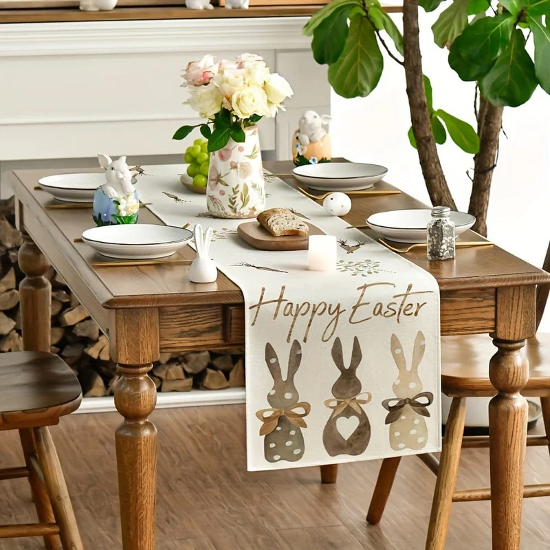 1 Stück, Tischläufer, Tischläufer mit niedlichem Hasen-Karotten-Blumenmuster, Vintage-Tischläufer mit Fröhliches-Ostern-Thema, saisonale Küche, Esstischdekoration für den Innenbereich, Party-Dekoration
