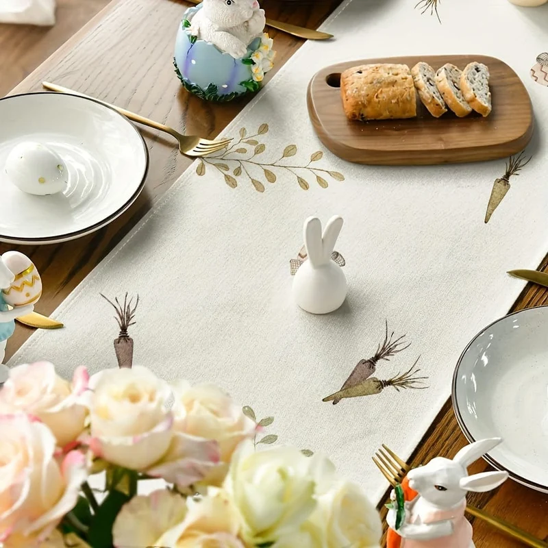 1 Stück, Tischläufer, Tischläufer mit niedlichem Hasen-Karotten-Blumenmuster, Vintage-Tischläufer mit Fröhliches-Ostern-Thema, saisonale Küche, Esstischdekoration für den Innenbereich, Party-Dekoration
