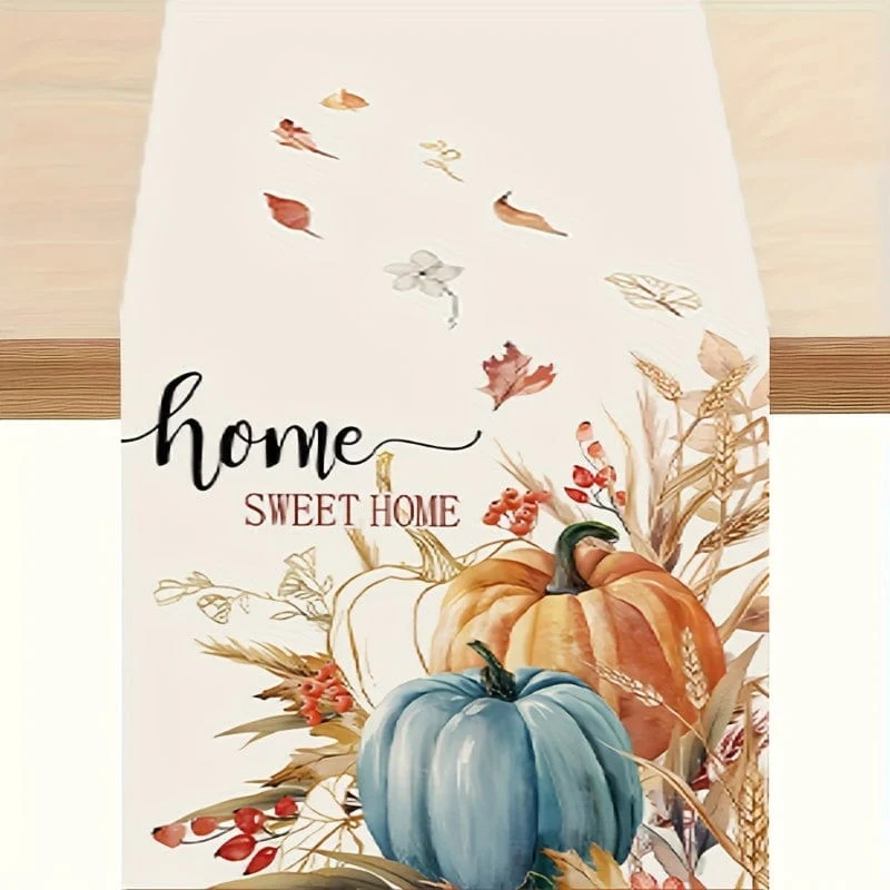 1 Stück, Tischläufer, bunter Kürbis-Tischläufer im Herbst, Aquarell-Erntedankfest, blaugrüne Ahornblätter, Tischschal, Heim- und Küchendekoration, Halloween-Herbstferien, Sackleinen-Esszimmer, Halloween-Dekoration, Geschenk