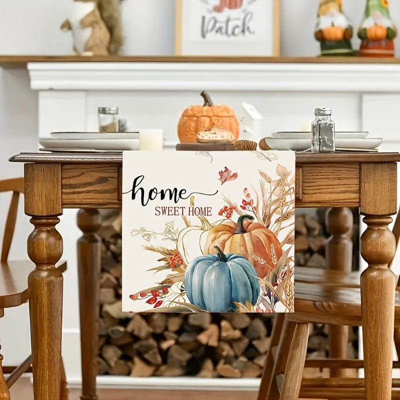 1 Stück, Tischläufer, bunter Kürbis-Tischläufer im Herbst, Aquarell-Erntedankfest, blaugrüne Ahornblätter, Tischschal, Heim- und Küchendekoration, Halloween-Herbstferien, Sackleinen-Esszimmer, Halloween-Dekoration, Geschenk