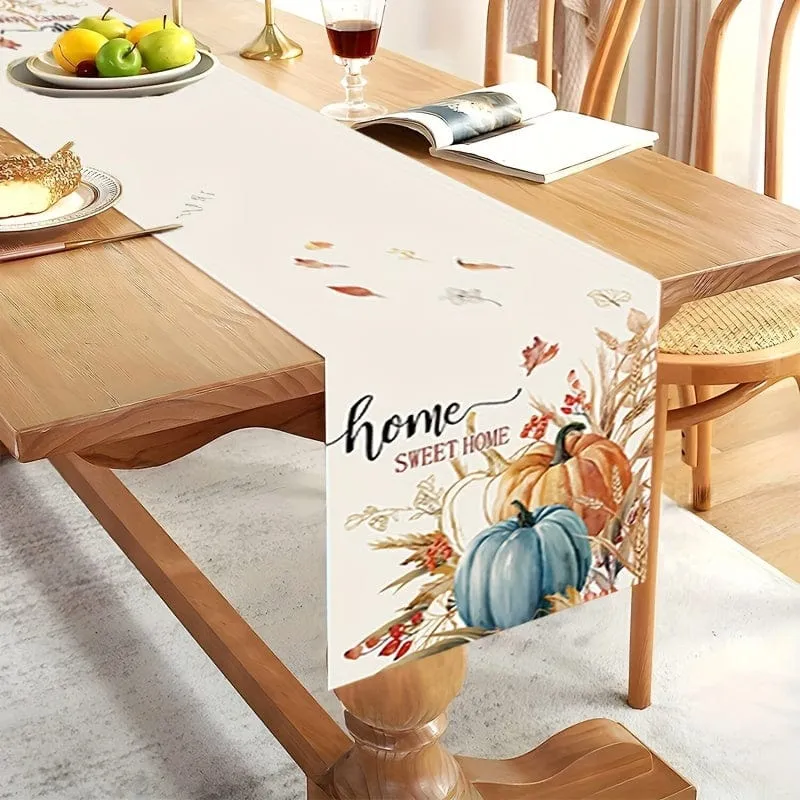 1 Stück, Tischläufer, bunter Kürbis-Tischläufer im Herbst, Aquarell-Erntedankfest, blaugrüne Ahornblätter, Tischschal, Heim- und Küchendekoration, Halloween-Herbstferien, Sackleinen-Esszimmer, Halloween-Dekoration, Geschenk