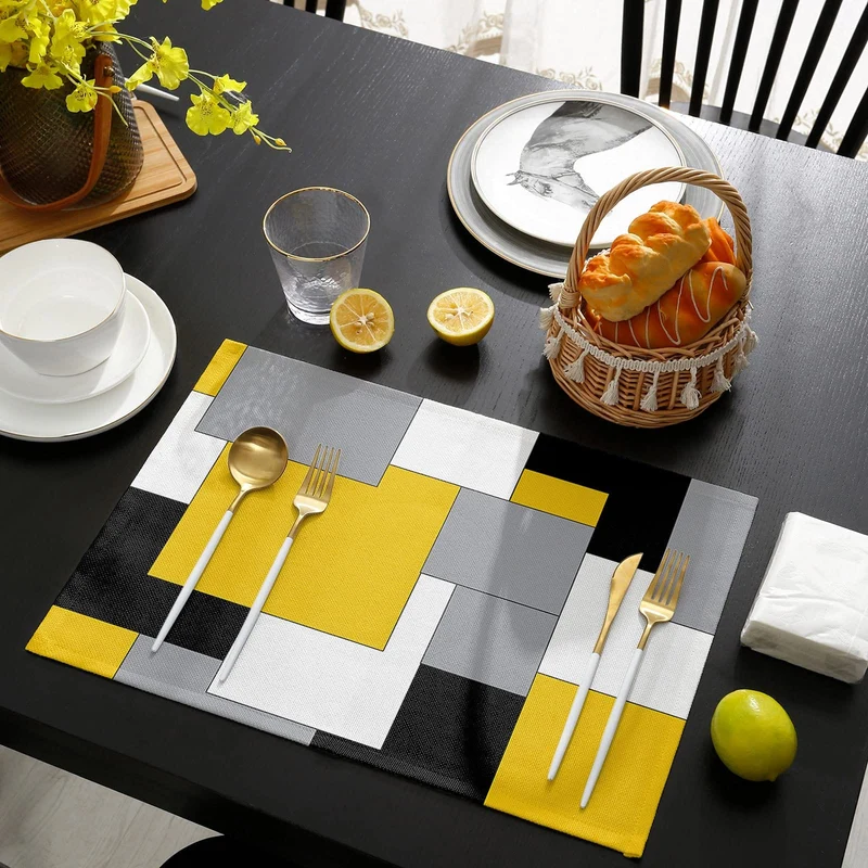 1/4 Stück, Polyester-Tischsets, abstrakte bunte geometrische Tischmatte, rechteckige Wärmedämmunterlage, gelb-grau-schwarzer Mosaikblock für Esstische