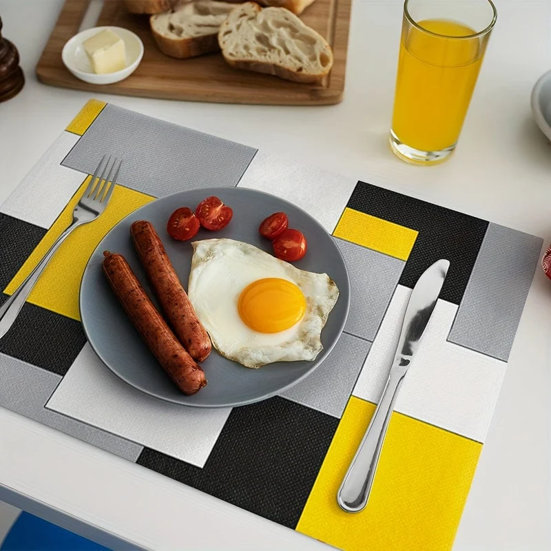1/4 Stück, Polyester-Tischsets, abstrakte bunte geometrische Tischmatte, rechteckige Wärmedämmunterlage, gelb-grau-schwarzer Mosaikblock für Esstische