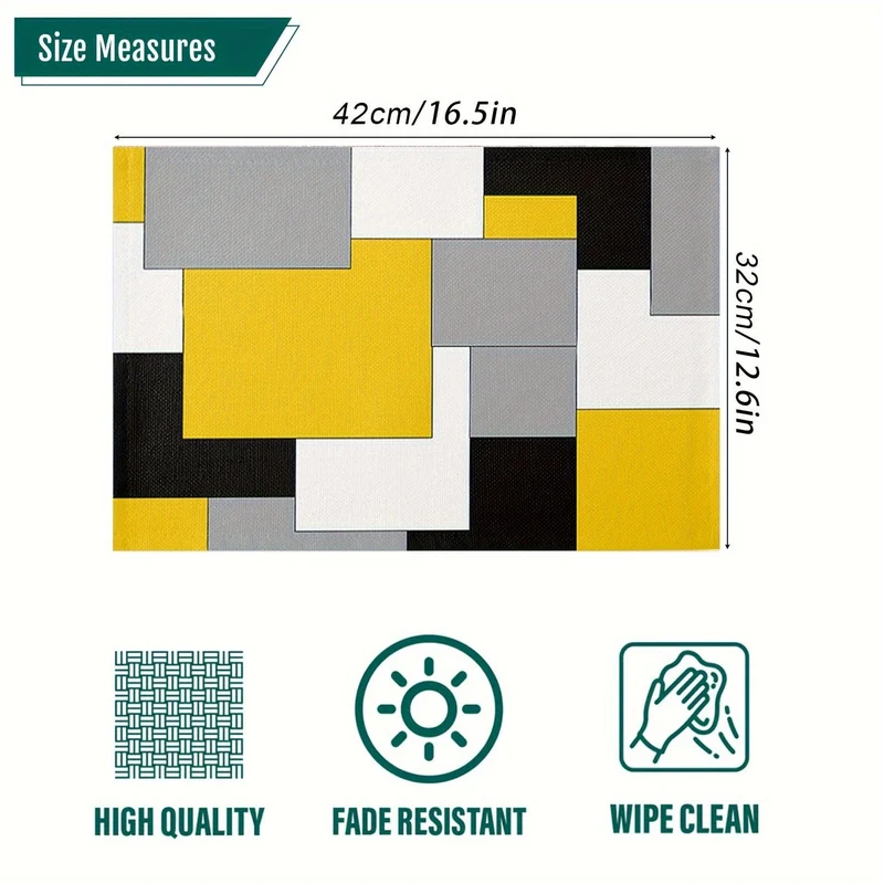 1/4 Stück, Polyester-Tischsets, abstrakte bunte geometrische Tischmatte, rechteckige Wärmedämmunterlage, gelb-grau-schwarzer Mosaikblock für Esstische