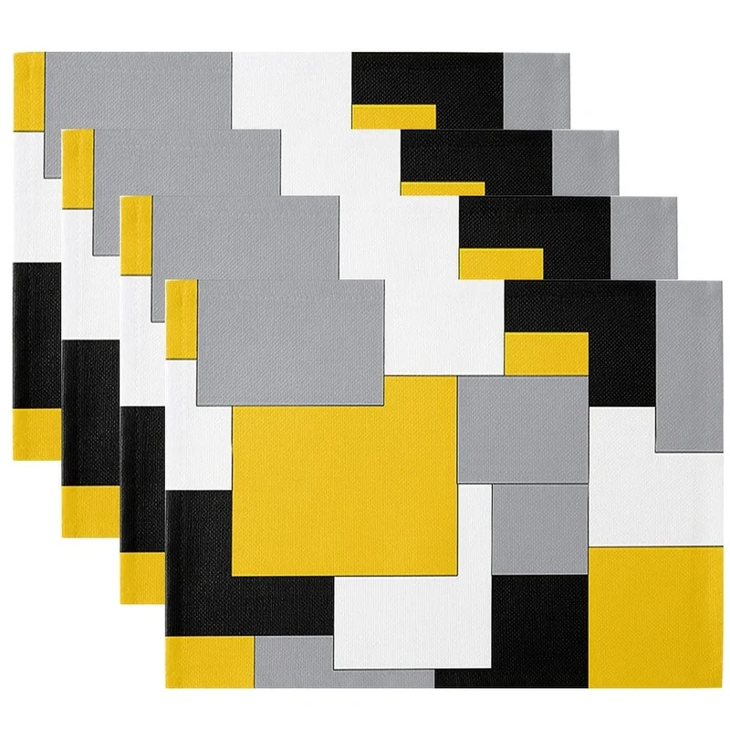 1/4 Stück, Polyester-Tischsets, abstrakte bunte geometrische Tischmatte, rechteckige Wärmedämmunterlage, gelb-grau-schwarzer Mosaikblock für Esstische