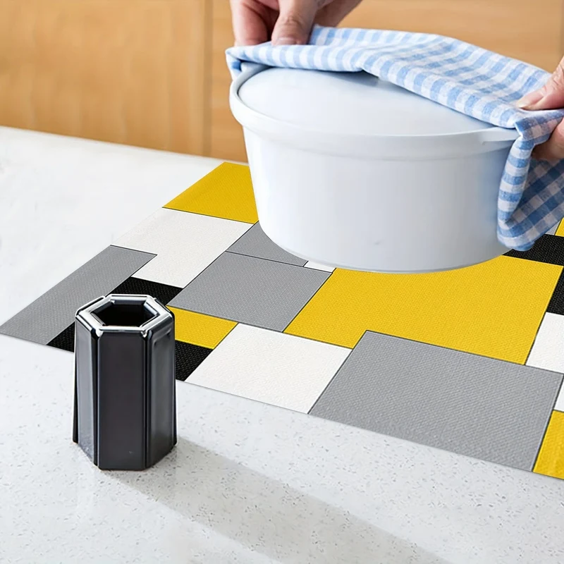 1/4 Stück, Polyester-Tischsets, abstrakte bunte geometrische Tischmatte, rechteckige Wärmedämmunterlage, gelb-grau-schwarzer Mosaikblock für Esstische