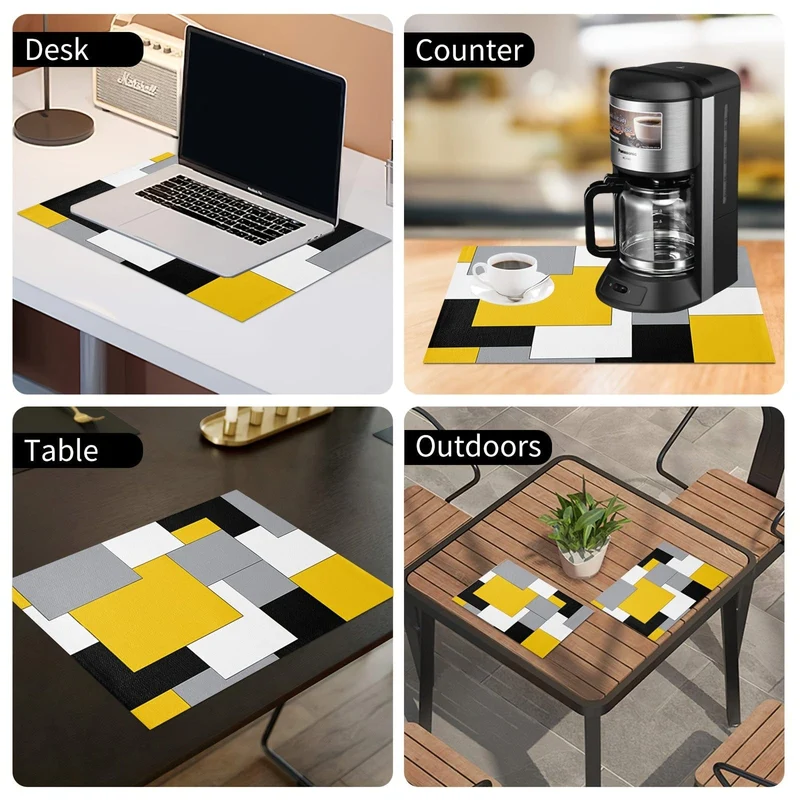 1/4 Stück, Polyester-Tischsets, abstrakte bunte geometrische Tischmatte, rechteckige Wärmedämmunterlage, gelb-grau-schwarzer Mosaikblock für Esstische