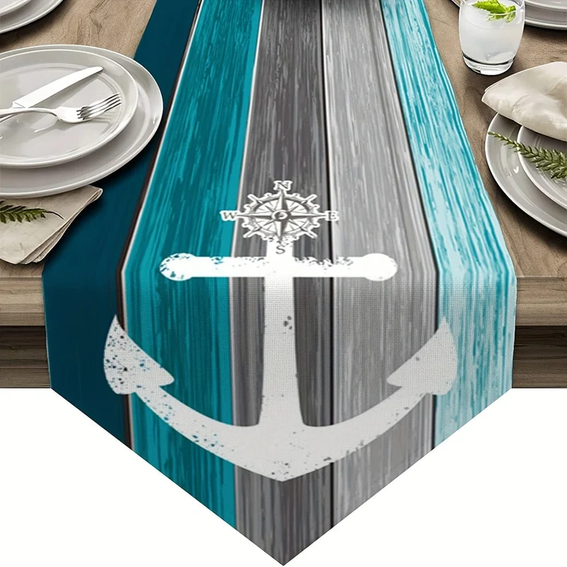 1 Stück verschlüsselter Leinen-Tischläufer im Vintage-Ozean-Stil, Seepferdchen-/Seestern-/Muschel-/Sand-/Muschel-Tischläufer im Sommerstil, Tischschutz, perfekt für Küche, Restaurant, Esszimmer, Hochzeit, Partyzubehör