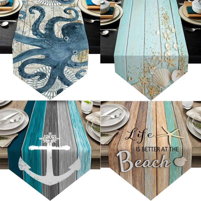 1 Stück verschlüsselter Leinen-Tischläufer im Vintage-Ozean-Stil, Seepferdchen-/Seestern-/Muschel-/Sand-/Muschel-Tischläufer im Sommerstil, Tischschutz, perfekt für Küche, Restaurant, Esszimmer, Hochzeit, Partyzubehör