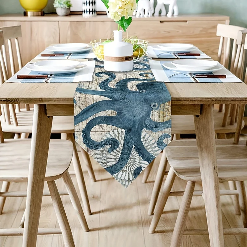1 Stück verschlüsselter Leinen-Tischläufer im Vintage-Ozean-Stil, Seepferdchen-/Seestern-/Muschel-/Sand-/Muschel-Tischläufer im Sommerstil, Tischschutz, perfekt für Küche, Restaurant, Esszimmer, Hochzeit, Partyzubehör