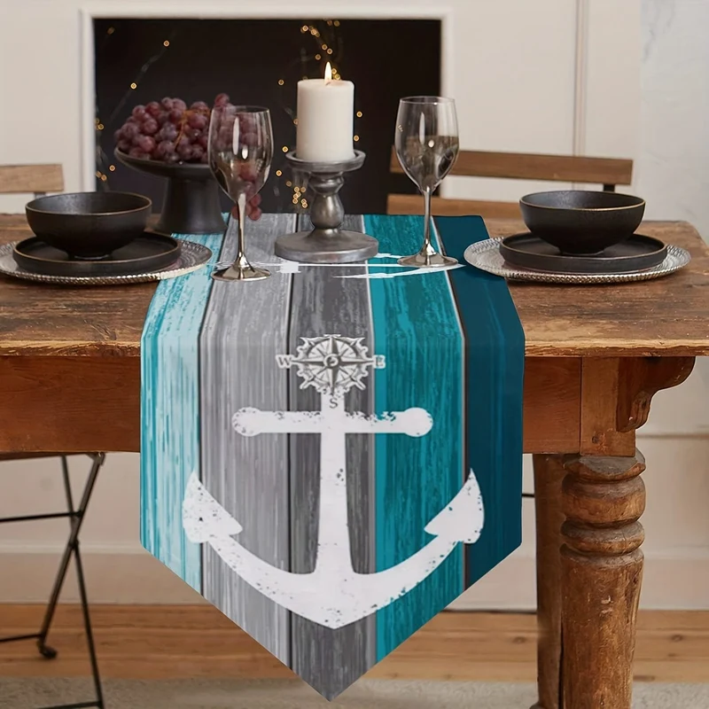1 Stück verschlüsselter Leinen-Tischläufer im Vintage-Ozean-Stil, Seepferdchen-/Seestern-/Muschel-/Sand-/Muschel-Tischläufer im Sommerstil, Tischschutz, perfekt für Küche, Restaurant, Esszimmer, Hochzeit, Partyzubehör