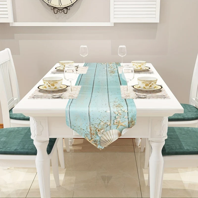 1 Stück verschlüsselter Leinen-Tischläufer im Vintage-Ozean-Stil, Seepferdchen-/Seestern-/Muschel-/Sand-/Muschel-Tischläufer im Sommerstil, Tischschutz, perfekt für Küche, Restaurant, Esszimmer, Hochzeit, Partyzubehör