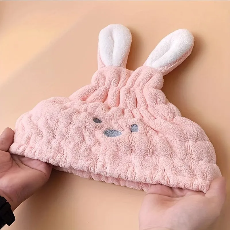 1 Stück süße Cartoon-Häschen-Haartrocknungskappe, schnell trocknendes Korallen-Fleece-Haartuch für Badezimmer, super saugfähige, schnell trocknende Duschhaube, Badezimmerzubehör