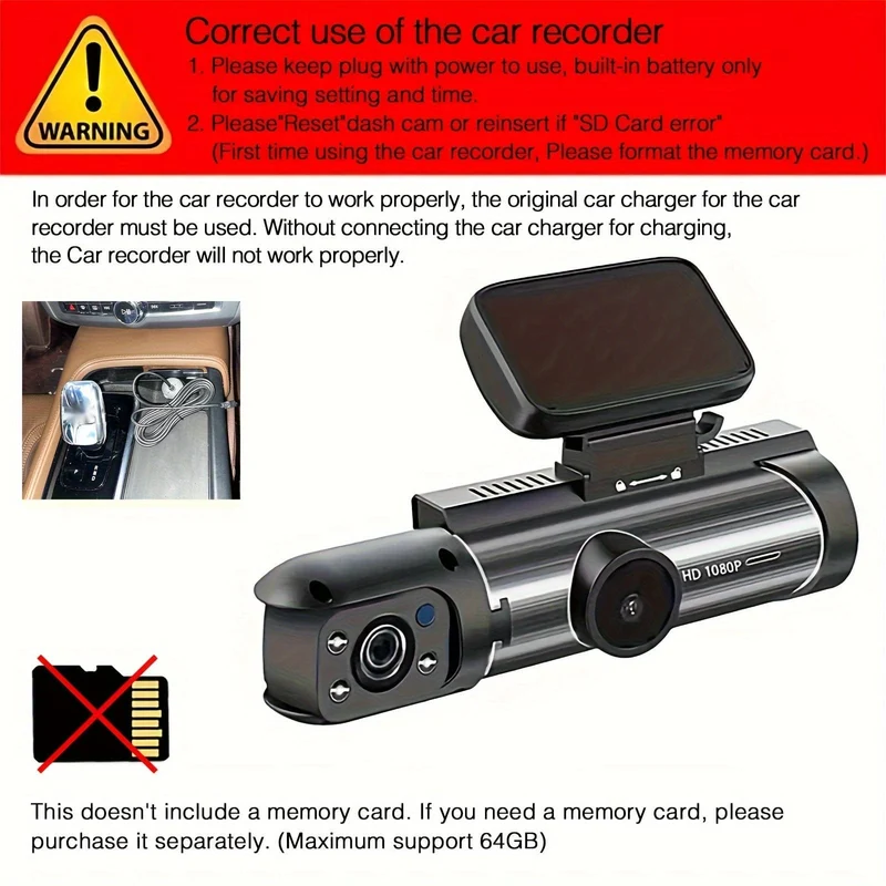 Dash-Kamera vorne und innen, 8.03 cm Dash-Cam 1080P, G-Sensor, HD-Nachtsicht-Loop-Aufnahme, Weitwinkel-Auto-DVR (Position der blauen Fotodiode ist zufällig)