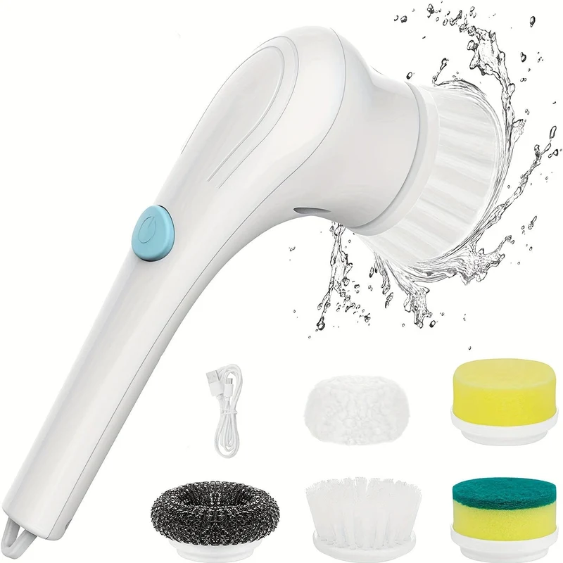 Set, elektrischer Schrubber mit 5 austauschbaren Bürstenköpfen, tragbarer Schleuderschrubber, kabellose Handreinigungsbürste für Badezimmer/Badewanne/Wandfliesen/Boden/Küche