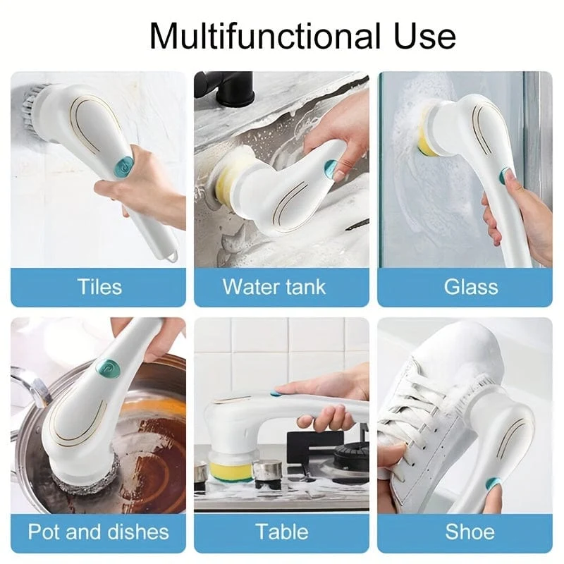 Set, elektrischer Schrubber mit 5 austauschbaren Bürstenköpfen, tragbarer Schleuderschrubber, kabellose Handreinigungsbürste für Badezimmer/Badewanne/Wandfliesen/Boden/Küche