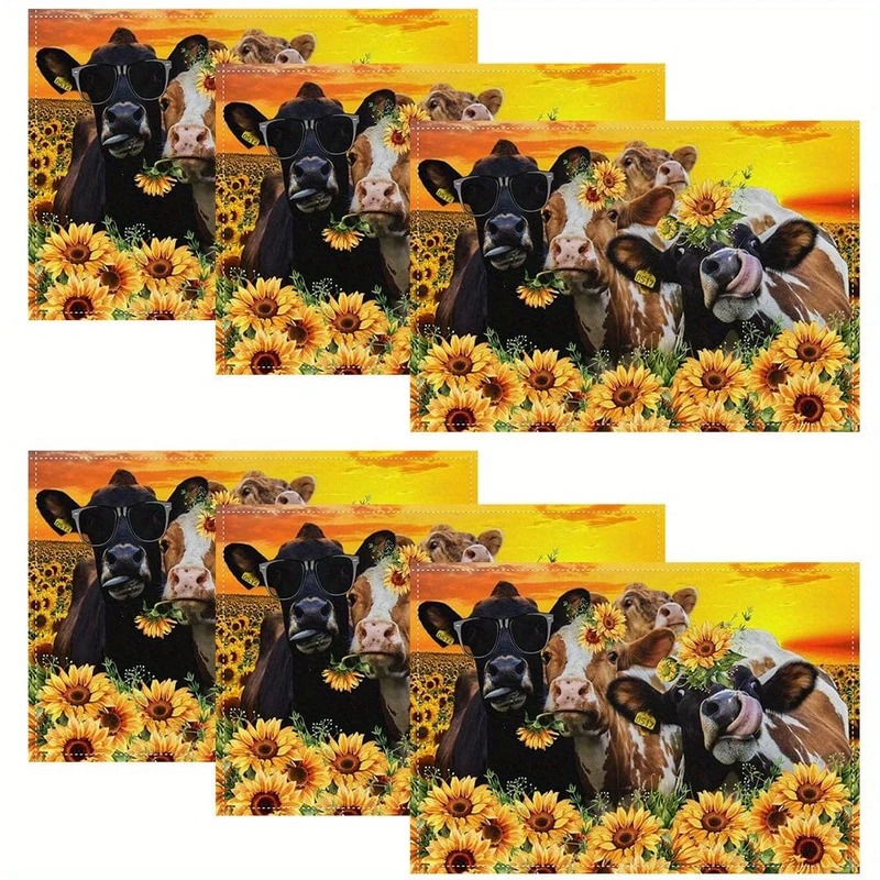1/4/6-teiliges Tischset, Polyester-Tischsets-Set, abstraktes Kuh- und gelbes Sonnenblumen-Design, Tischset im Bauernhaus-Stil, für Familie, Hotel, Bankett, Urlaub, florale Küchendekoration, Heimbedarf