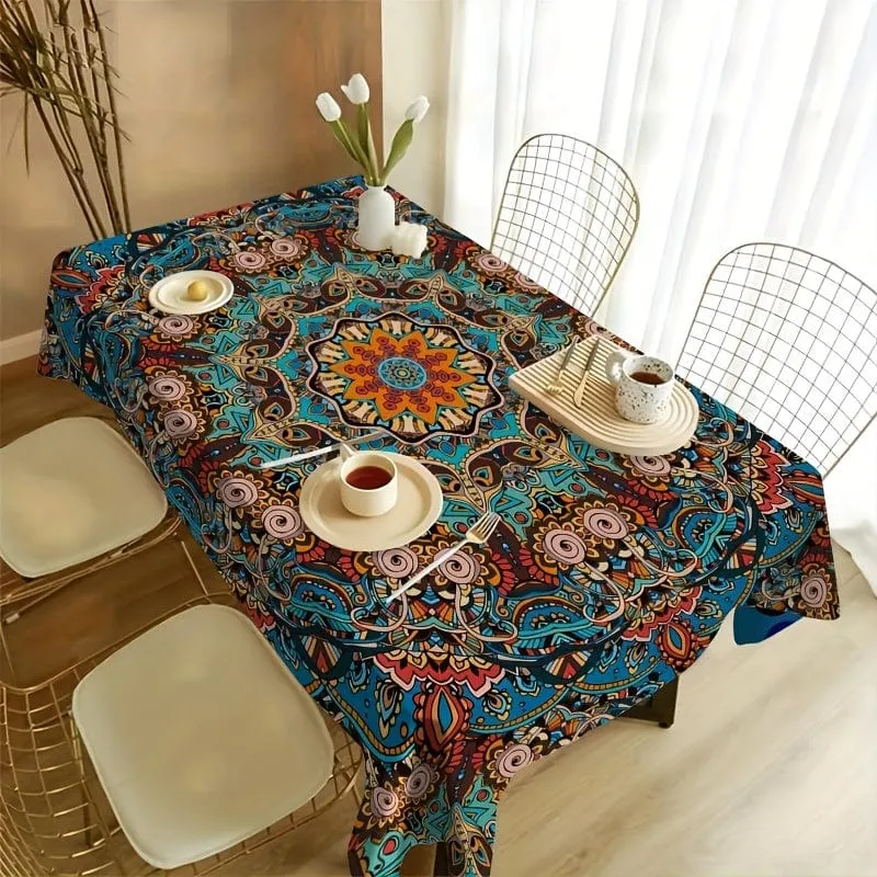 1-teilige Tischdecke, Böhmen, rechteckige Mandala-Tischdecke, wasserdichtes, farbenfrohes, rechteckiges Esstischset für den Innenhof, Boho-Stoffset für Grill-Picknickmatte im Hinterhof, Dekoration für die Küche zu Hause