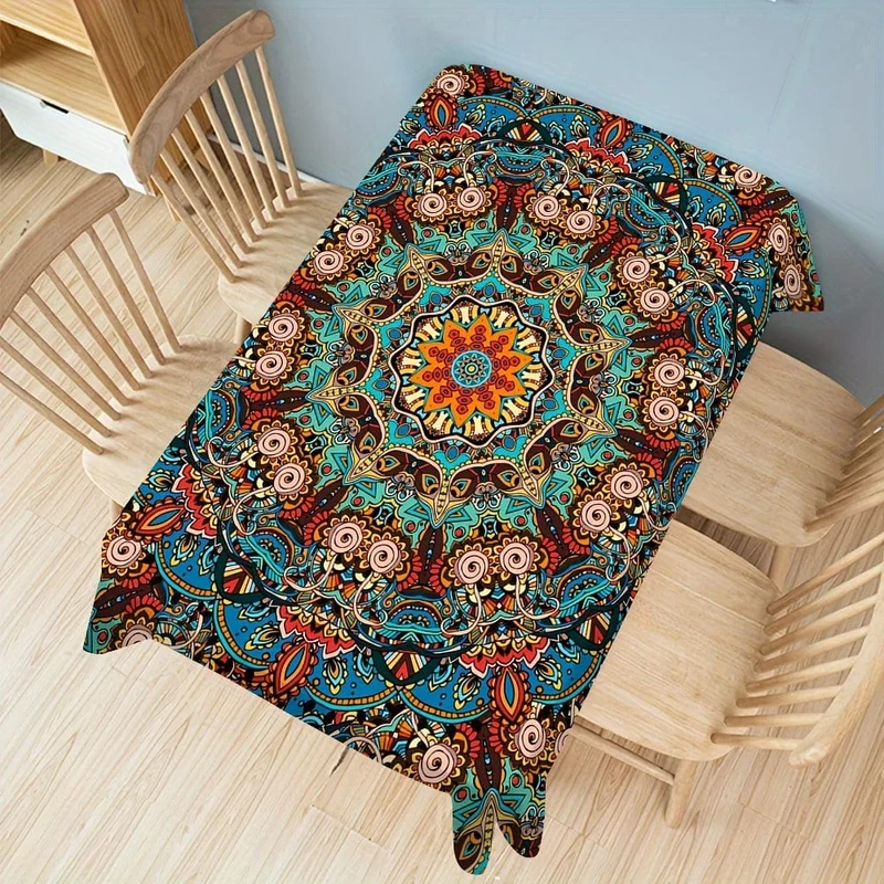 1-teilige Tischdecke, Böhmen, rechteckige Mandala-Tischdecke, wasserdichtes, farbenfrohes, rechteckiges Esstischset für den Innenhof, Boho-Stoffset für Grill-Picknickmatte im Hinterhof, Dekoration für die Küche zu Hause
