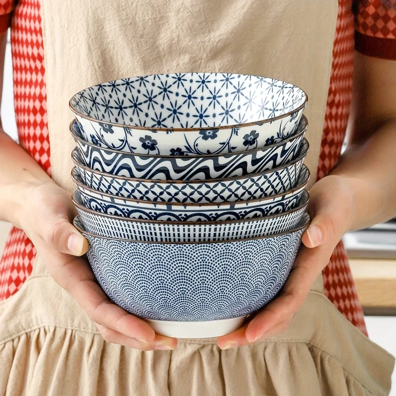 6 Stück Vintage-Keramikschüsseln in Blau und Weiß – 24 Unzen, 15.24 cm große Keramik-Suppenschüsseln, geeignet für Reis, Salat, Snacks, spülmaschinen- und mikrowellengeeignet, Tafelgeschirr