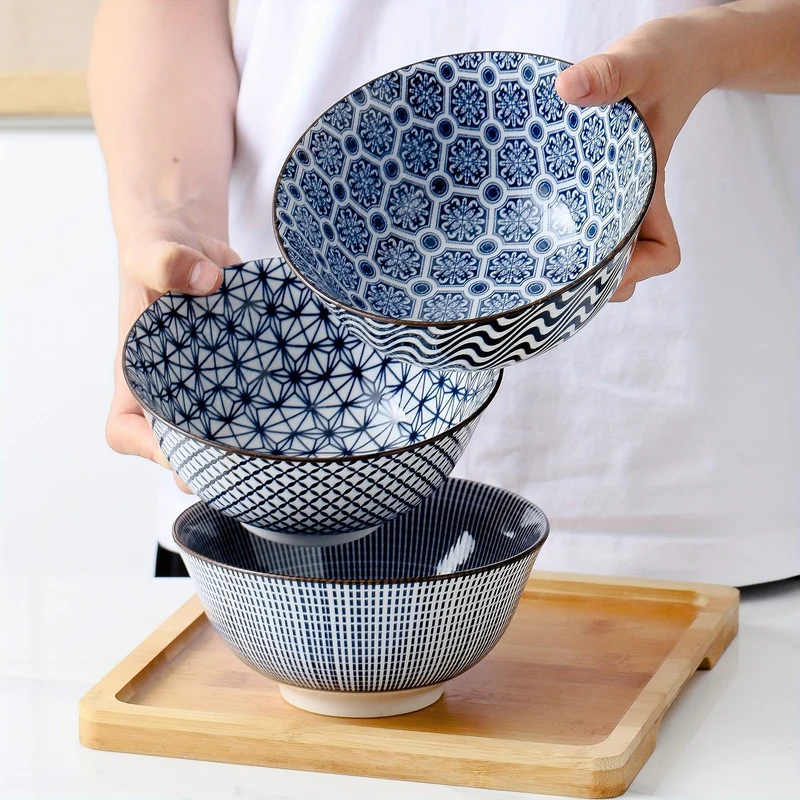 6 Stück Vintage-Keramikschüsseln in Blau und Weiß – 24 Unzen, 15.24 cm große Keramik-Suppenschüsseln, geeignet für Reis, Salat, Snacks, spülmaschinen- und mikrowellengeeignet, Tafelgeschirr