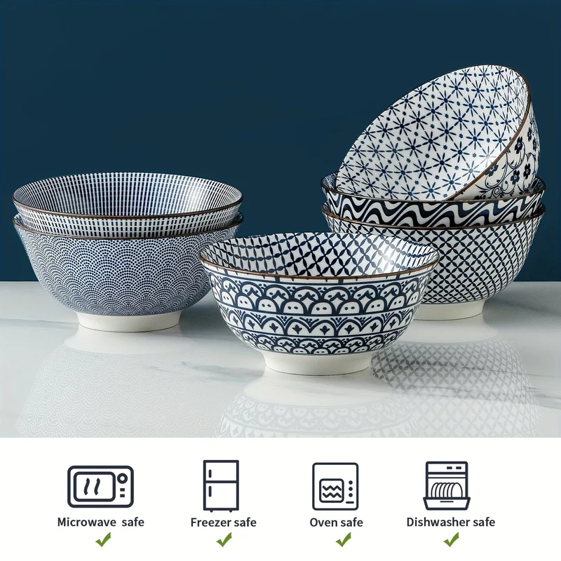 6 Stück Vintage-Keramikschüsseln in Blau und Weiß – 24 Unzen, 15.24 cm große Keramik-Suppenschüsseln, geeignet für Reis, Salat, Snacks, spülmaschinen- und mikrowellengeeignet, Tafelgeschirr