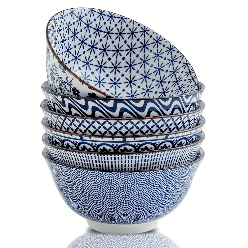 6 Stück Vintage-Keramikschüsseln in Blau und Weiß – 24 Unzen, 15.24 cm große Keramik-Suppenschüsseln, geeignet für Reis, Salat, Snacks, spülmaschinen- und mikrowellengeeignet, Tafelgeschirr
