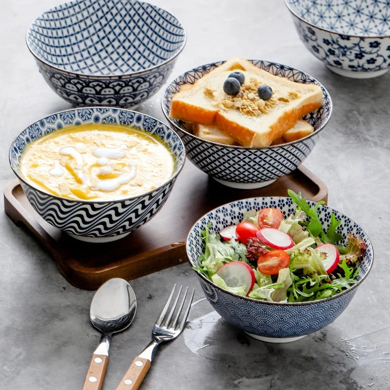 6 Stück Vintage-Keramikschüsseln in Blau und Weiß – 24 Unzen, 15.24 cm große Keramik-Suppenschüsseln, geeignet für Reis, Salat, Snacks, spülmaschinen- und mikrowellengeeignet, Tafelgeschirr