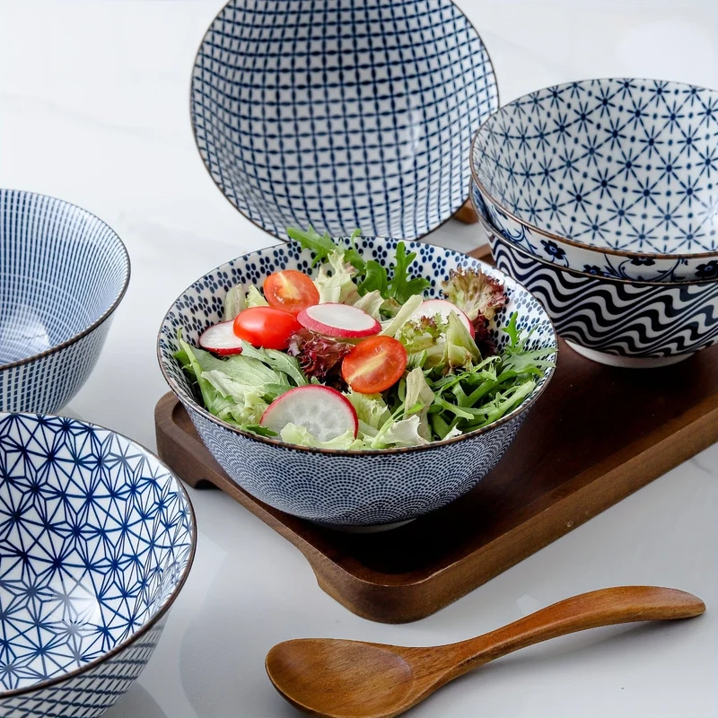6 Stück Vintage-Keramikschüsseln in Blau und Weiß – 24 Unzen, 15.24 cm große Keramik-Suppenschüsseln, geeignet für Reis, Salat, Snacks, spülmaschinen- und mikrowellengeeignet, Tafelgeschirr