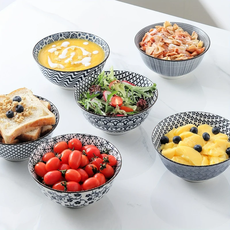 6 Stück Vintage-Keramikschüsseln in Blau und Weiß – 24 Unzen, 15.24 cm große Keramik-Suppenschüsseln, geeignet für Reis, Salat, Snacks, spülmaschinen- und mikrowellengeeignet, Tafelgeschirr
