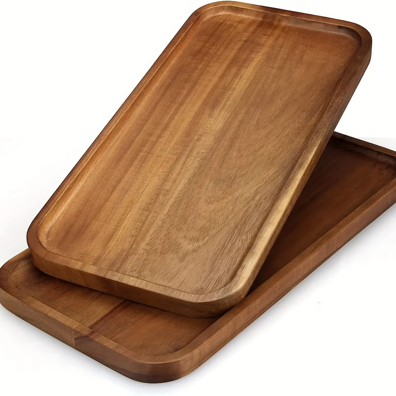 1-teiliges Tablett aus Akazienholz zum Servieren von Speisen, Snacks, Getränken, Sushi, Steak, Pizza, Desserts, Kuchen und Brot, Frühstückstablett, Kaffeetablett, Teetablett, rechteckige Platten mit leicht zu tragendem, gerilltem Griff, Heimküchenzubehör