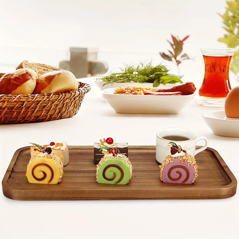 1-teiliges Tablett aus Akazienholz zum Servieren von Speisen, Snacks, Getränken, Sushi, Steak, Pizza, Desserts, Kuchen und Brot, Frühstückstablett, Kaffeetablett, Teetablett, rechteckige Platten mit leicht zu tragendem, gerilltem Griff, Heimküchenzubehör