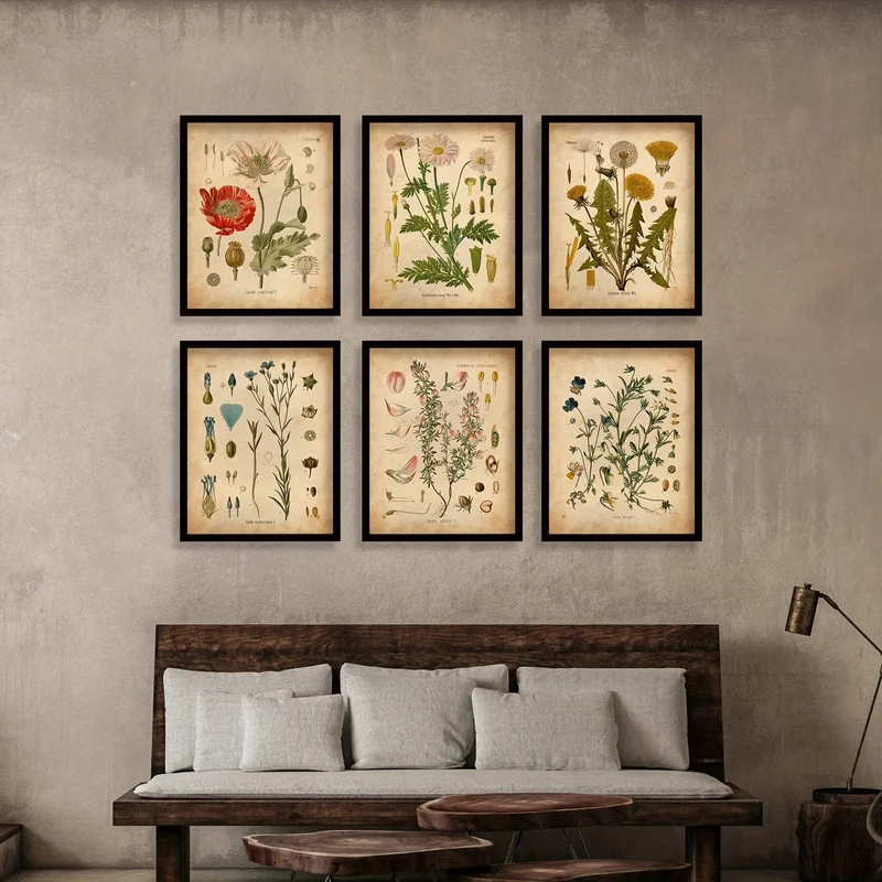 6-teiliges Poster mit botanischen Motiven für die Wand, Vintage-Poster, botanische Drucke, Vintage-Poster, Drucke, Wildblumendrucke, florale Wandkunst, für Heimdekoration/Wohnzimmer/Schlafzimmer/Büro/Hotel/Bar-Dekoration, ohne Rahmen