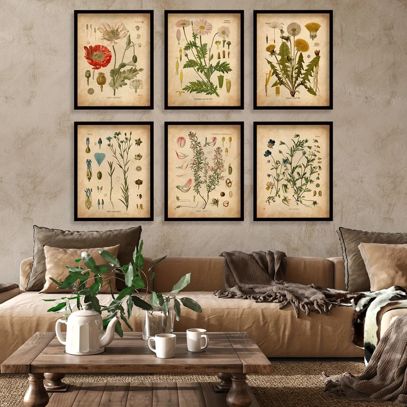 6-teiliges Poster mit botanischen Motiven für die Wand, Vintage-Poster, botanische Drucke, Vintage-Poster, Drucke, Wildblumendrucke, florale Wandkunst, für Heimdekoration/Wohnzimmer/Schlafzimmer/Büro/Hotel/Bar-Dekoration, ohne Rahmen