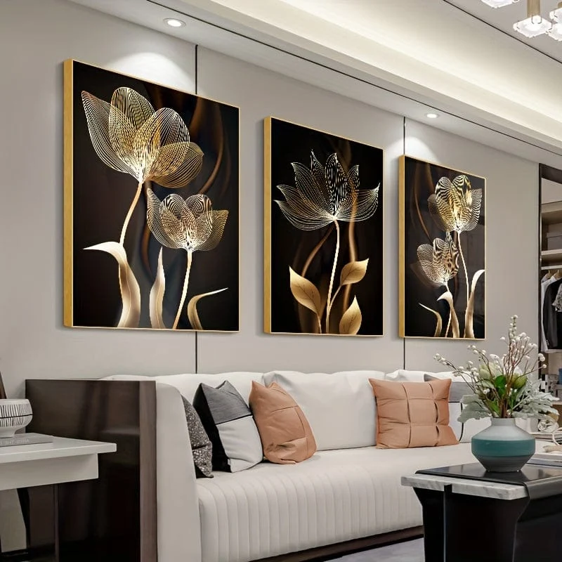 3-teiliges ungerahmtes Poster, schwarze und goldene Blumen-Wandkunst auf Leinwand, Gemälde für die Wohnzimmerdekoration – modernes abstraktes Design, 15.7 x 23.6 cm
