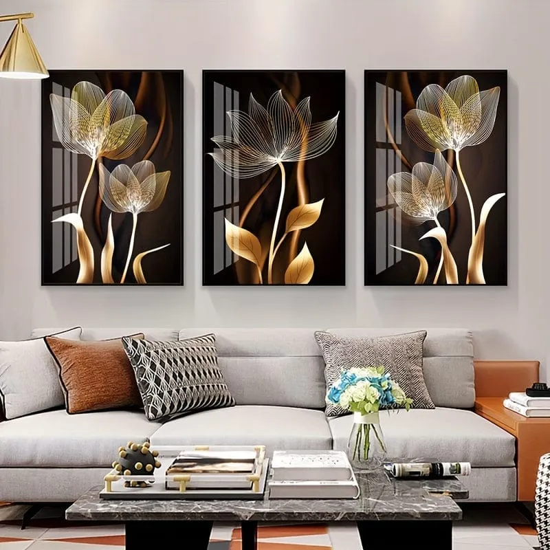 3-teiliges ungerahmtes Poster, schwarze und goldene Blumen-Wandkunst auf Leinwand, Gemälde für die Wohnzimmerdekoration – modernes abstraktes Design, 15.7 x 23.6 cm
