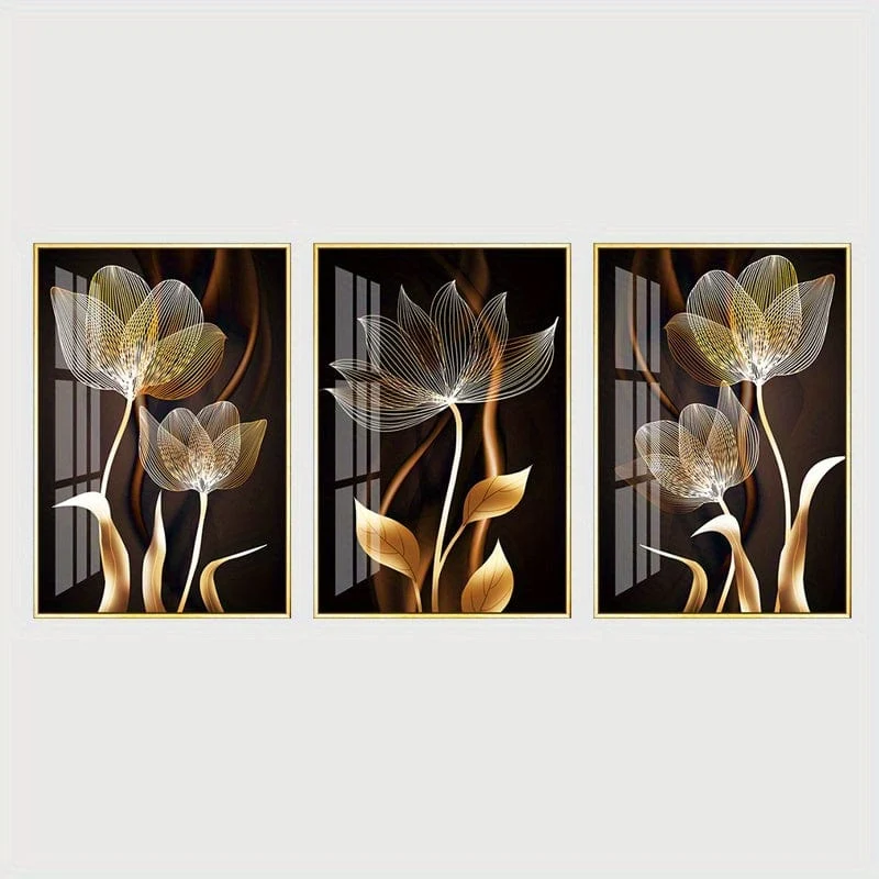 3-teiliges ungerahmtes Poster, schwarze und goldene Blumen-Wandkunst auf Leinwand, Gemälde für die Wohnzimmerdekoration – modernes abstraktes Design, 15.7 x 23.6 cm