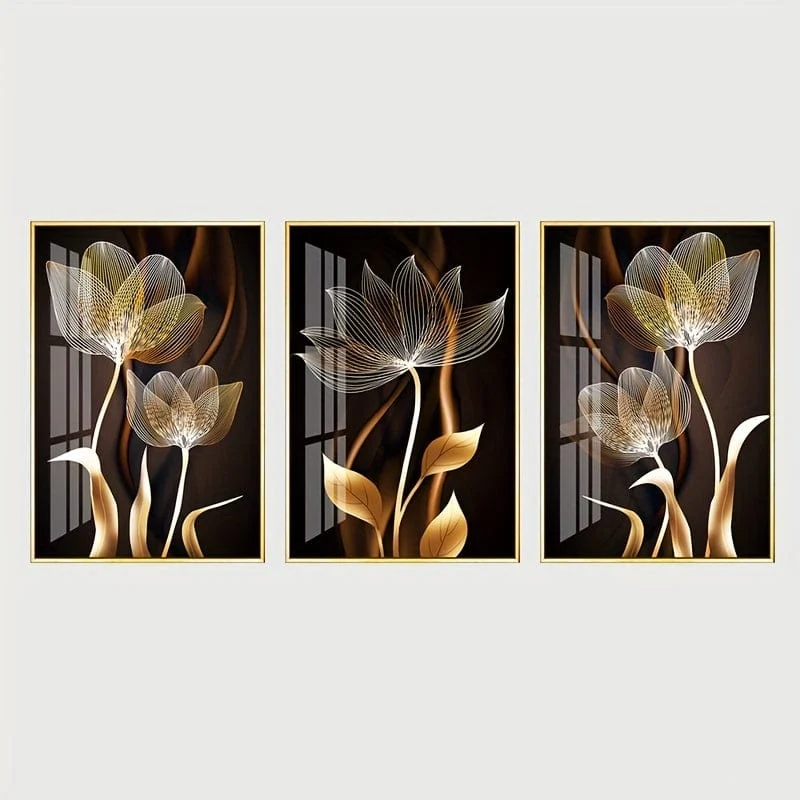 3-teiliges ungerahmtes Poster, schwarze und goldene Blumen-Wandkunst auf Leinwand, Gemälde für die Wohnzimmerdekoration – modernes abstraktes Design, 15.7 x 23.6 cm