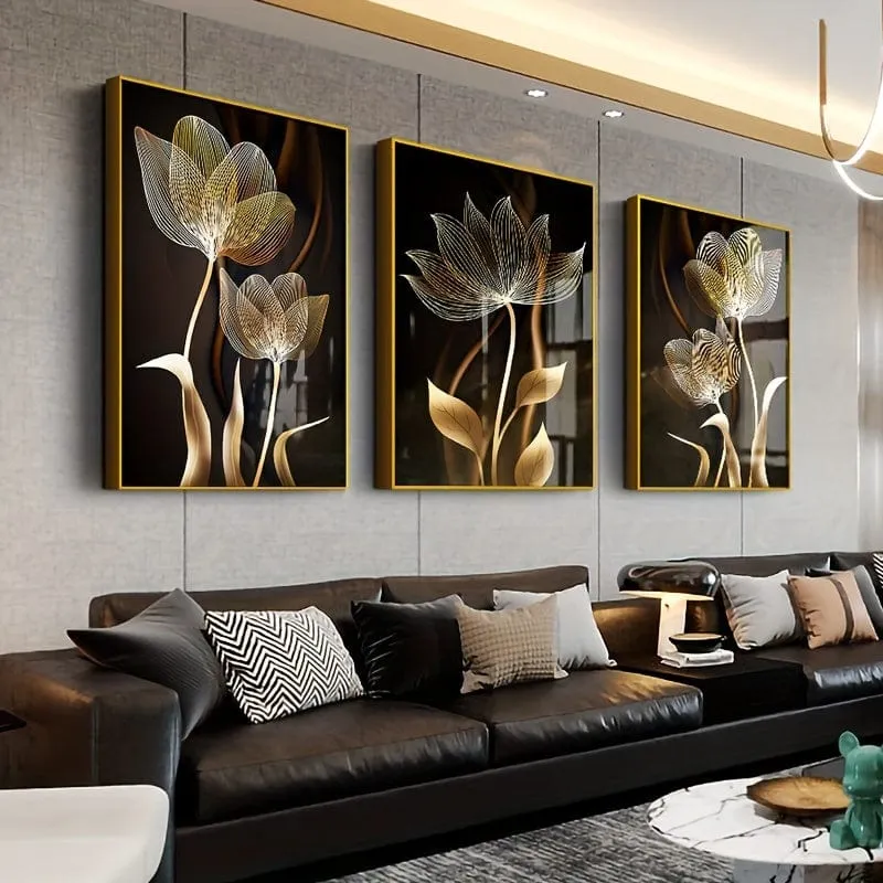3-teiliges ungerahmtes Poster, schwarze und goldene Blumen-Wandkunst auf Leinwand, Gemälde für die Wohnzimmerdekoration – modernes abstraktes Design, 15.7 x 23.6 cm