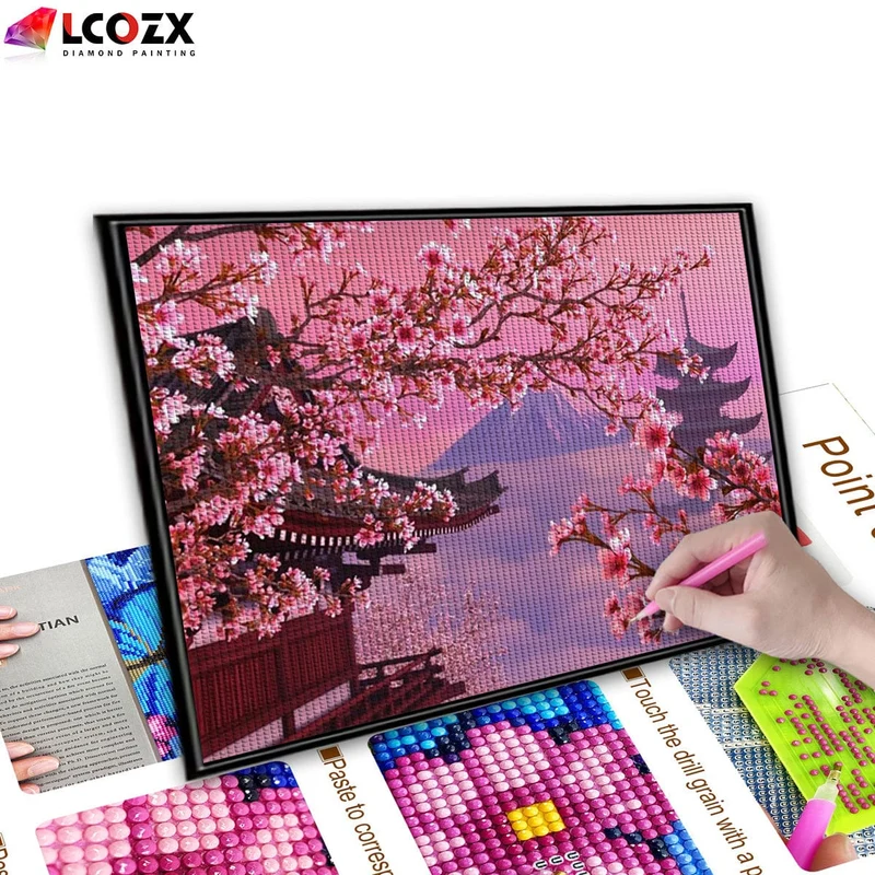1 Stück künstliches Sakura-Diamantgemälde, japanische Kirschblüten aus dem Fuji-Berg, DIY-Set mit rosa Strasssteinen, Kunstdiamantgemälde, als Geschenk zur Dekoration des Zuhauses (29.97 x 39.88 cm)