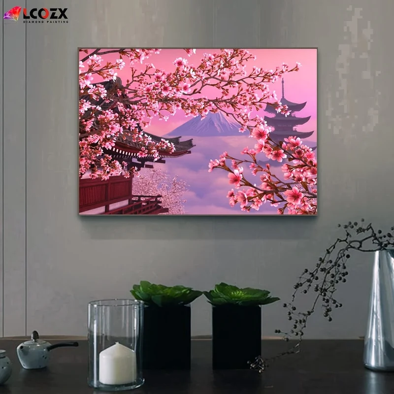 1 Stück künstliches Sakura-Diamantgemälde, japanische Kirschblüten aus dem Fuji-Berg, DIY-Set mit rosa Strasssteinen, Kunstdiamantgemälde, als Geschenk zur Dekoration des Zuhauses (29.97 x 39.88 cm)