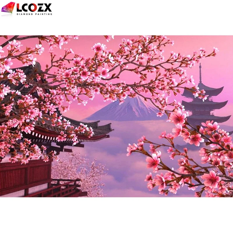 1 Stück künstliches Sakura-Diamantgemälde, japanische Kirschblüten aus dem Fuji-Berg, DIY-Set mit rosa Strasssteinen, Kunstdiamantgemälde, als Geschenk zur Dekoration des Zuhauses (29.97 x 39.88 cm)