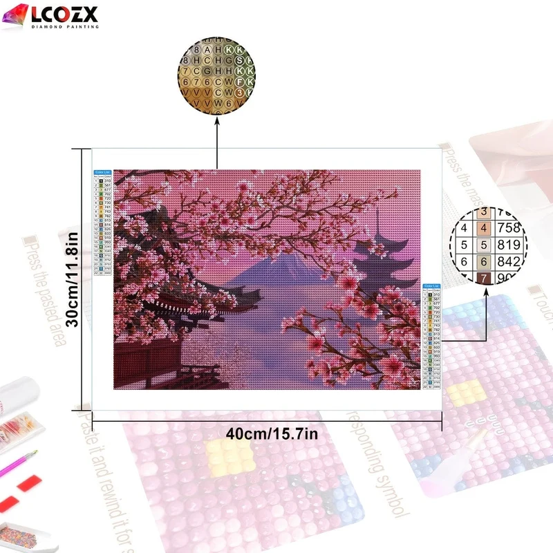 1 Stück künstliches Sakura-Diamantgemälde, japanische Kirschblüten aus dem Fuji-Berg, DIY-Set mit rosa Strasssteinen, Kunstdiamantgemälde, als Geschenk zur Dekoration des Zuhauses (29.97 x 39.88 cm)
