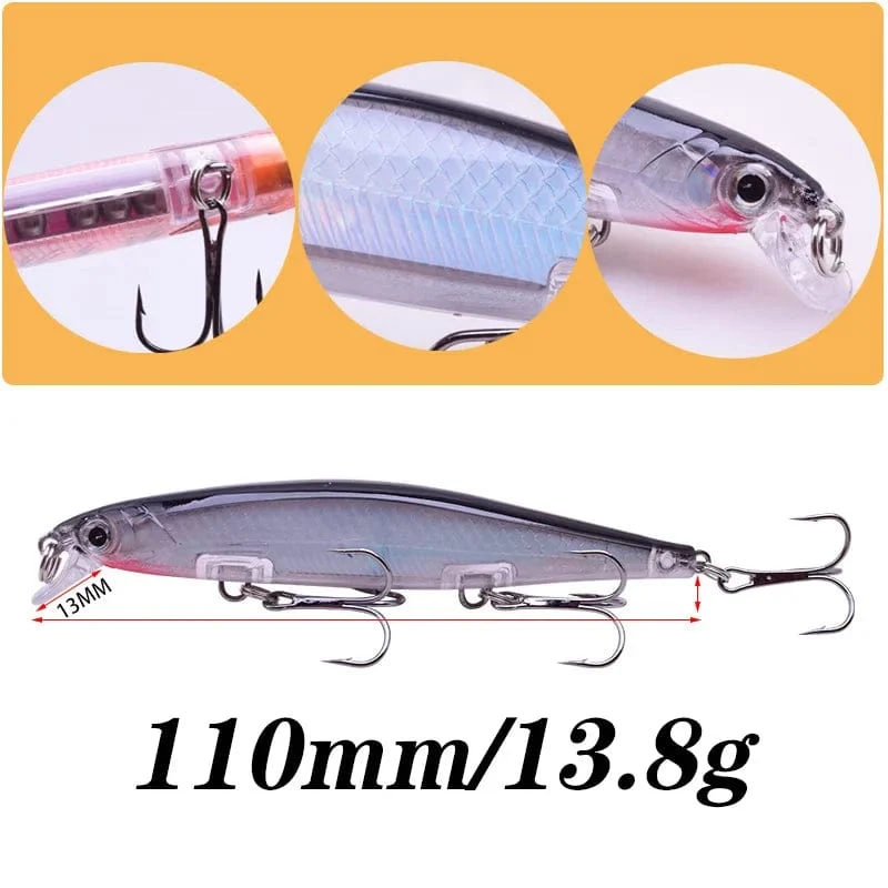 Proleurre Angelköder, 11 cm, 13.8 g, sinkende Minnow-Wobbler, künstliche Kunststoffköder mit Haken für Barsche, Hechte, Karpfen, Schwimmköder