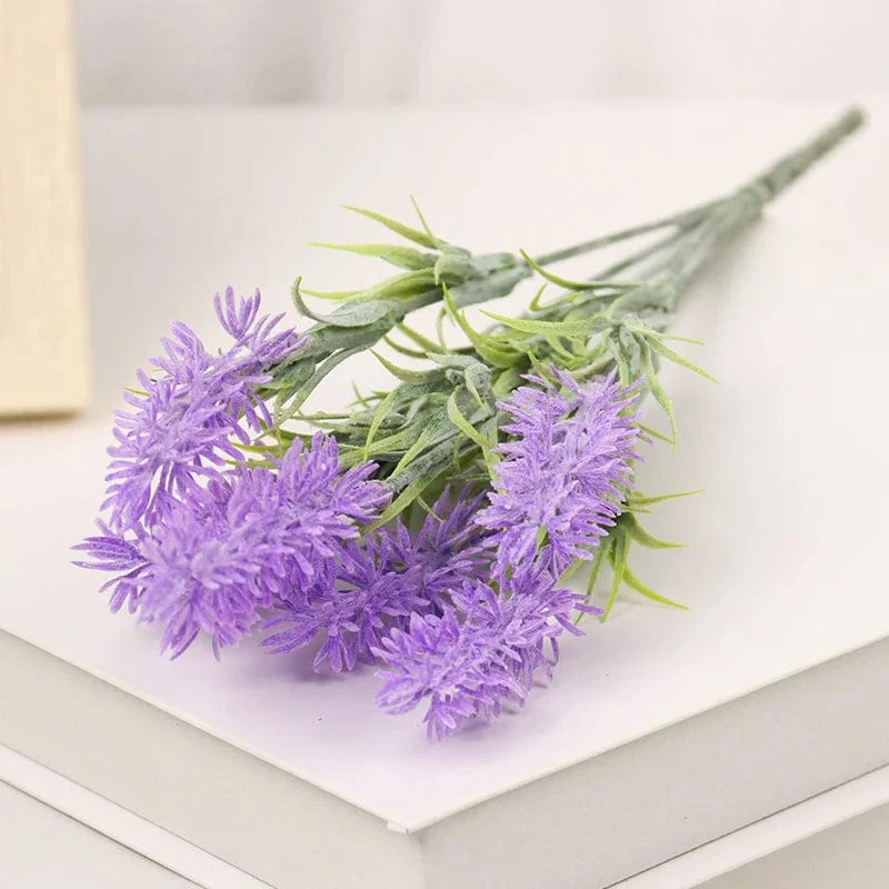Künstliche Blumen, beflockter Kunststoff, Lavendelbündel, künstliche Pflanzen, Hochzeitsstrauß, für drinnen und draußen, Zuhause, Küche, Büro, Tisch