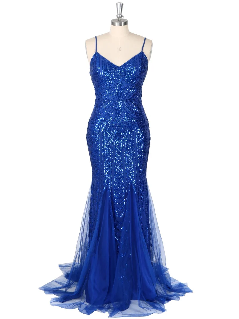 Glitzernde Pailletten-Meerjungfrau-Abschlussballkleider, lange Spaghettiträger, sexy V-Ausschnitt, formelle Abendkleider 2024 mit Tüll-Reißverschluss hinten für die Hochzeit