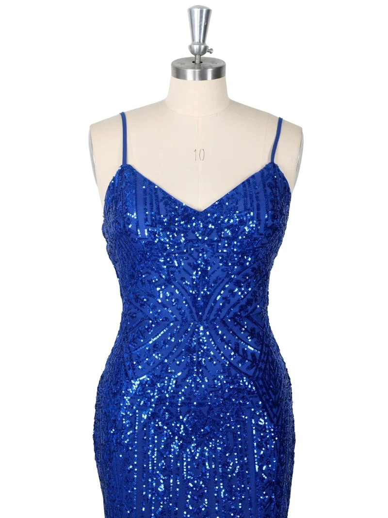 Glitzernde Pailletten-Meerjungfrau-Abschlussballkleider, lange Spaghettiträger, sexy V-Ausschnitt, formelle Abendkleider 2024 mit Tüll-Reißverschluss hinten für die Hochzeit