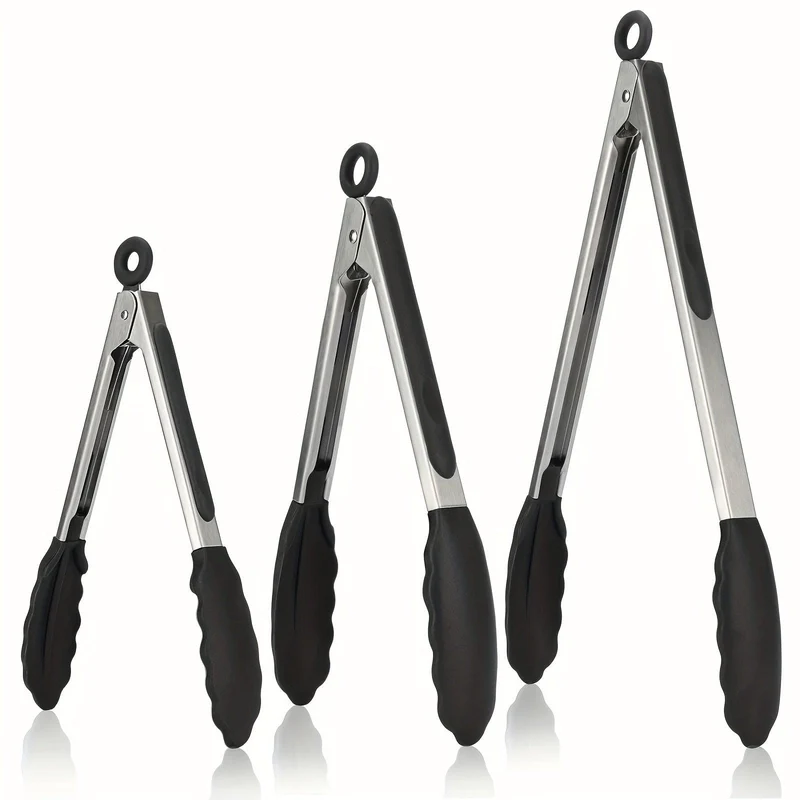 1 Stück Zange zum Kochen, Küchenzange mit Silikonspitzen, hochhitzebeständige Feststellzange, strapazierfähig, tolle Griffe, 7, 9, 30.48 cm, schwarz
