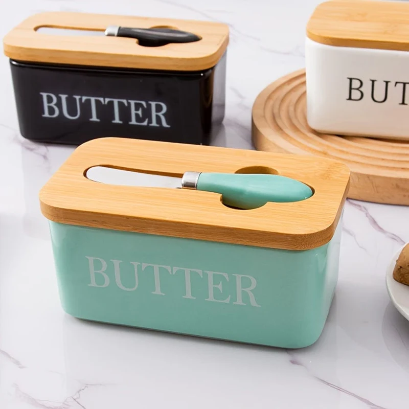 1 Set Butterdose aus Keramik mit Bambusdeckel und Messer, großer Butterbehälter für die Theke, luftdichter Butterhalter mit Deckel für die Küche