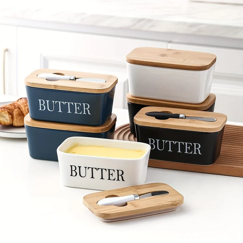 1 Set Butterdose aus Keramik mit Bambusdeckel und Messer, großer Butterbehälter für die Theke, luftdichter Butterhalter mit Deckel für die Küche